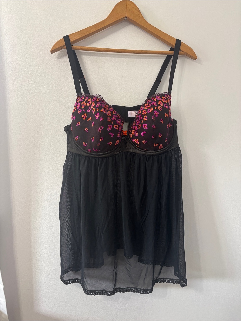 Savage X Fenty Black Mesh Chemise with Pink and Orange Print